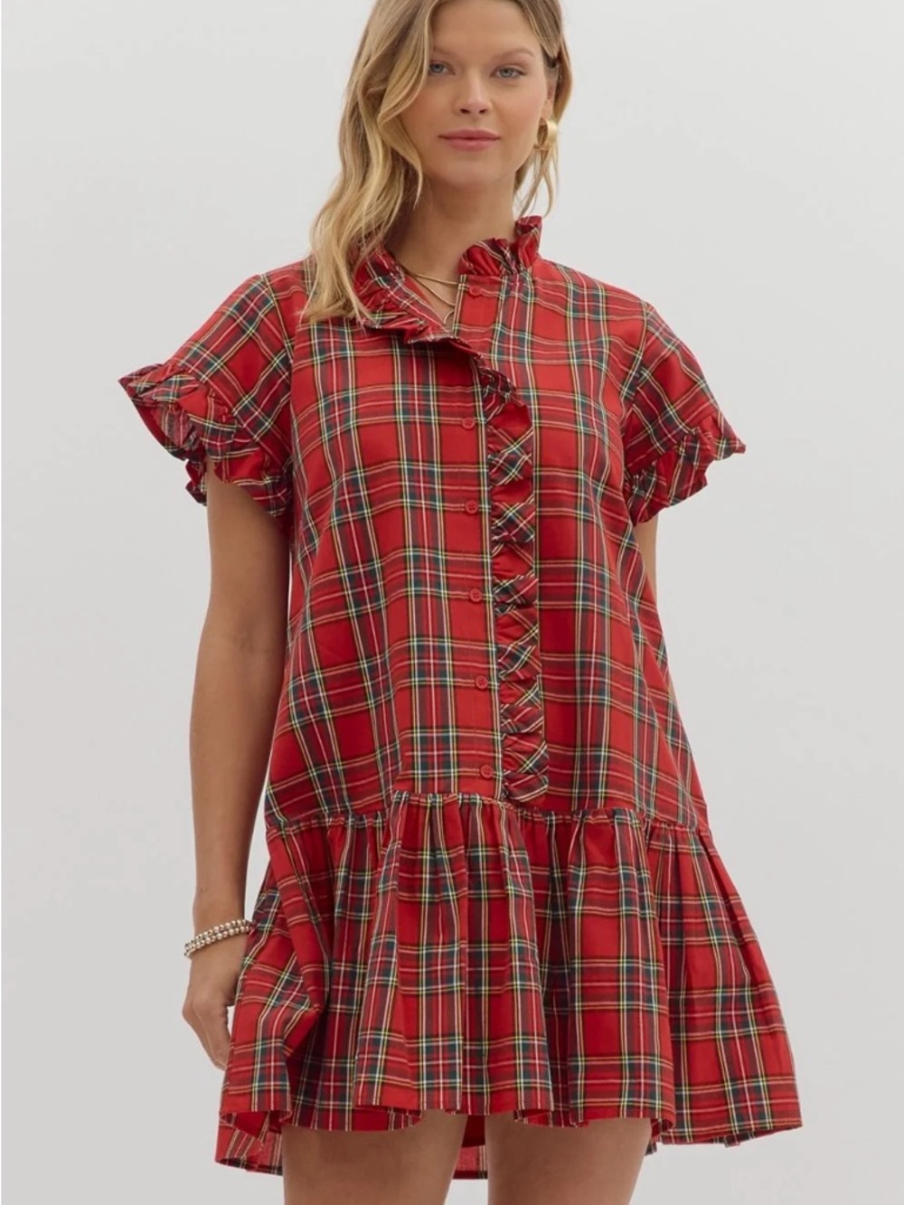 Entro Red Plaid Ruffle Tiered Dress